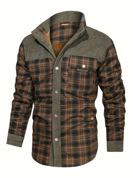 Men's Cozy Fleece-Lined Plaid Jacket - Casual Button-Up with Lapel Collar for Fall/Winter