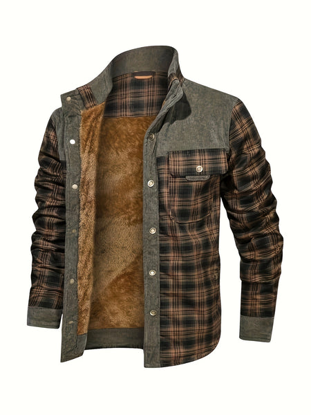 Men's Cozy Fleece-Lined Plaid Jacket - Casual Button-Up with Lapel Collar for Fall/Winter