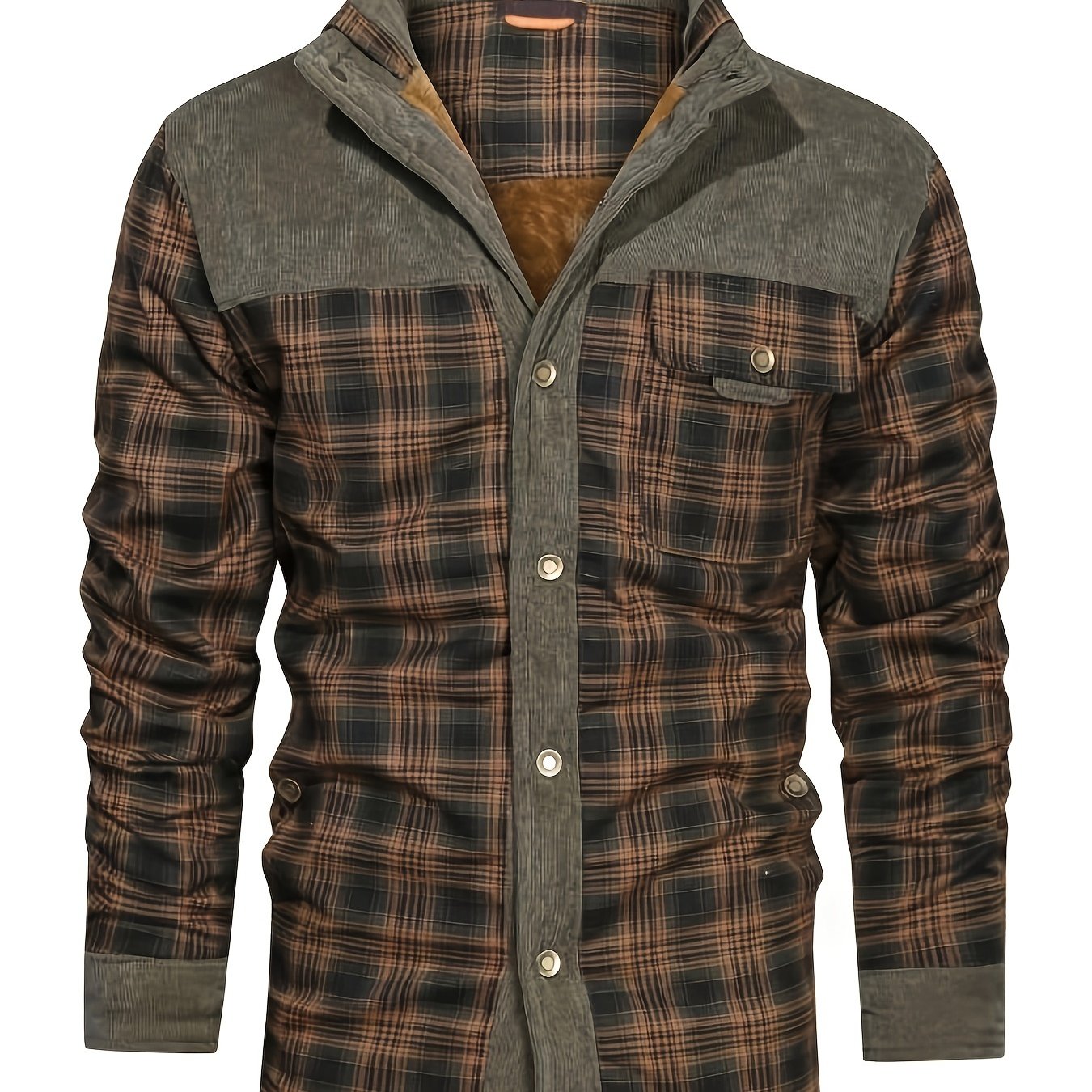 Men's Cozy Fleece-Lined Plaid Jacket - Casual Button-Up with Lapel Collar for Fall/Winter