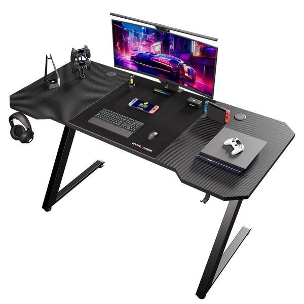 GTPLAYER Gaming Desk Computer Desk Sturdy Carbon Fiber Z Frame Large Gaming Table with Headphone Hooks PC Desk