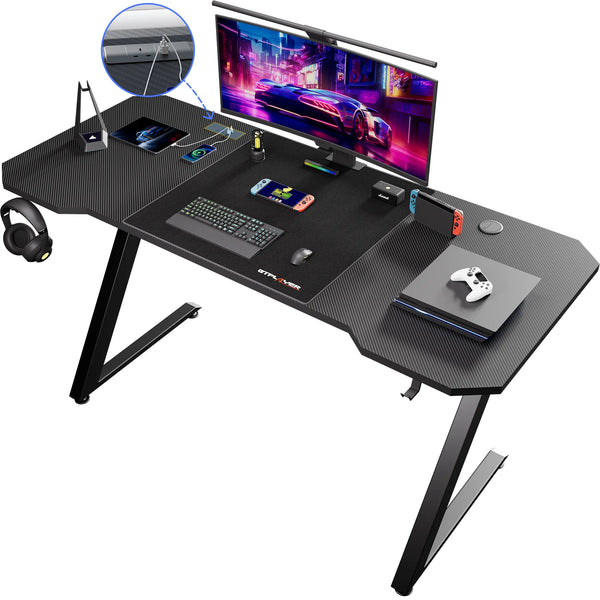 GTPLAYER Gaming Desk Computer Desk Sturdy Carbon Fiber Z Frame Large Gaming Table with Headphone Hooks PC Desk