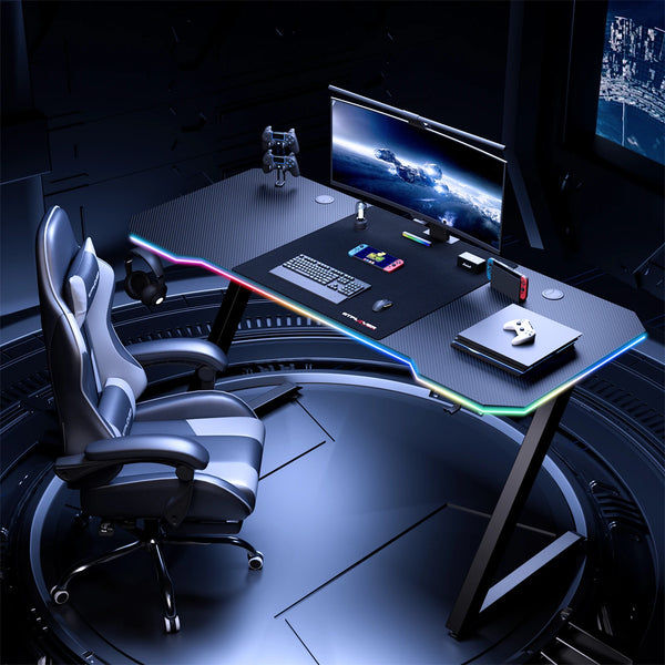 GTPLAYER Gaming Desk Computer Desk Sturdy Carbon Fiber Z Frame Large Gaming Table with Headphone Hooks PC Desk