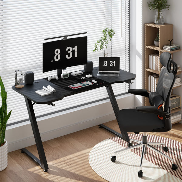 GTPLAYER Gaming Desk Computer Desk Sturdy Carbon Fiber Z Frame Large Gaming Table with Headphone Hooks PC Desk