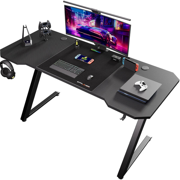 GTPLAYER Gaming Desk Computer Desk Sturdy Carbon Fiber Z Frame Large Gaming Table with Headphone Hooks PC Desk