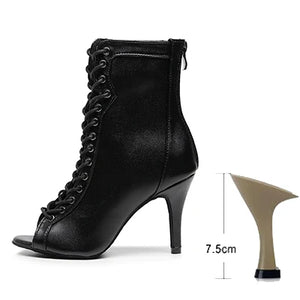 Woman Beige Black Latin Dance Booties Women Open Toe Lace Up Stiletto Bootie for Girls Suede Sole High Heel Dance Boots Shoes