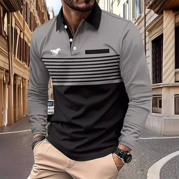 Men's Rugby Polo Shirts Casual Sports Lapel Classic Long Sleeve Fashion Basic Color Block Stripe Fall Winter Regular Fit