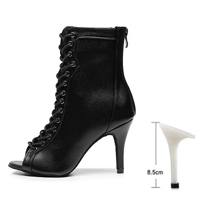 Woman Beige Black Latin Dance Booties Women Open Toe Lace Up Stiletto Bootie for Girls Suede Sole High Heel Dance Boots Shoes