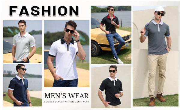 Men's Casual Breathable Short-sleeved Polo Shirt Lapel Zipper Shirt Fashion Business Office Summer T-shirt New Tops