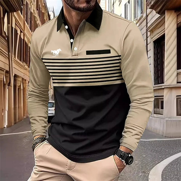 Men's Rugby Polo Shirts Casual Sports Lapel Classic Long Sleeve Fashion Basic Color Block Stripe Fall Winter Regular Fit