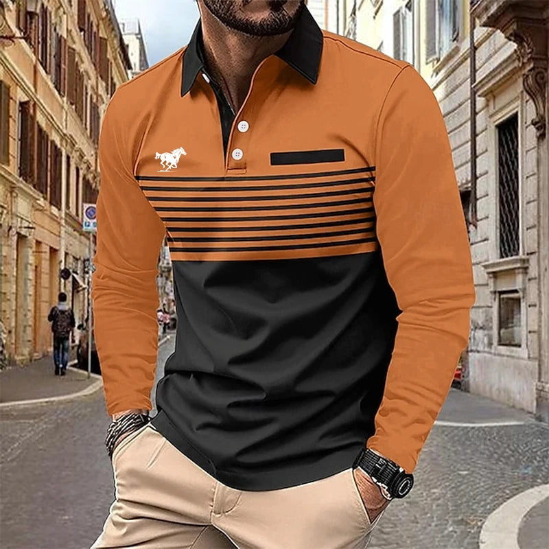 Men's Rugby Polo Shirts Casual Sports Lapel Classic Long Sleeve Fashion Basic Color Block Stripe Fall Winter Regular Fit