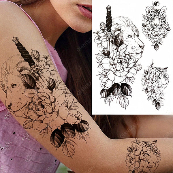 Black Flower Rose Waterproof Temporary Bird Snake Sexy Body Arm Leg Gem Henna Tattoo Fashion Big Fake Sleeve Sticker