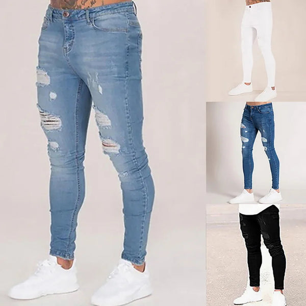 2024 Pencil Pants Elastic Sweatpants Men Fit Solid Ripped Denim Harem Pants Casual Black Blue White Destroyed Jeans Pants