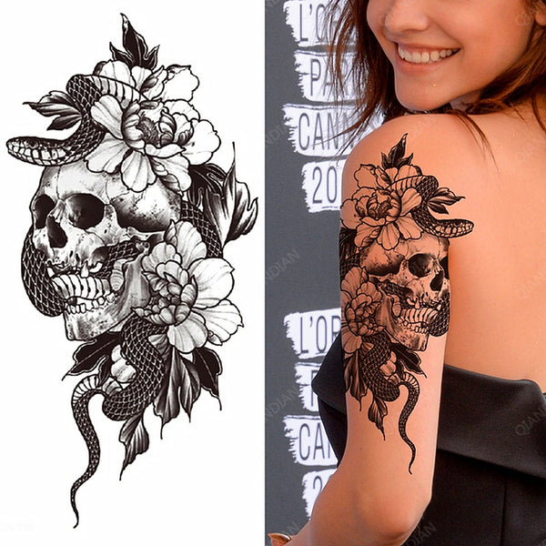 Black Flower Rose Waterproof Temporary Bird Snake Sexy Body Arm Leg Gem Henna Tattoo Fashion Big Fake Sleeve Sticker