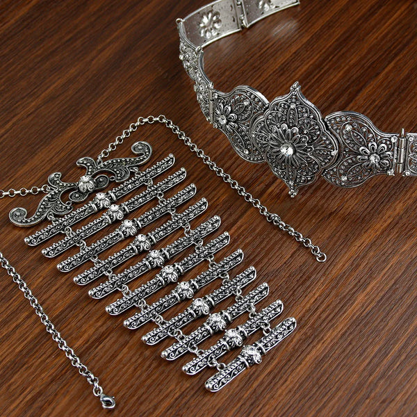 Sunspicems Retro Silver Color Caucasia Women Belt Breastplate Traditional Wedding Jewelry Sets Full Crystal Court Performance