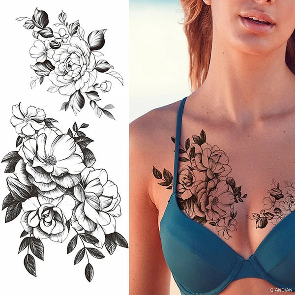 Black Flower Temporary Tattoos Sticker Arm Sleeve Rose Moon Butterfly Snake Henna Body Decorate Realistic Fake 3D Women Totem