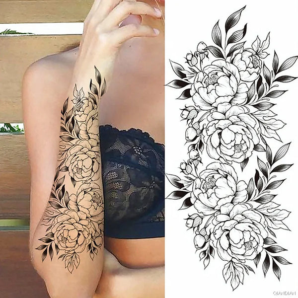 Black Flower Temporary Tattoos Sticker Arm Sleeve Rose Moon Butterfly Snake Henna Body Decorate Realistic Fake 3D Women Totem