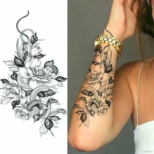 Black Flower Temporary Tattoos Sticker Arm Sleeve Rose Moon Butterfly Snake Henna Body Decorate Realistic Fake 3D Women Totem