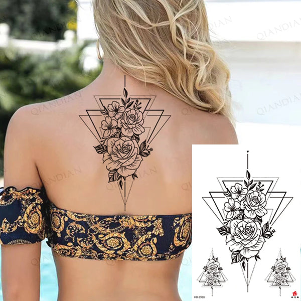 Black Flower Rose Waterproof Temporary Bird Snake Sexy Body Arm Leg Gem Henna Tattoo Fashion Big Fake Sleeve Sticker