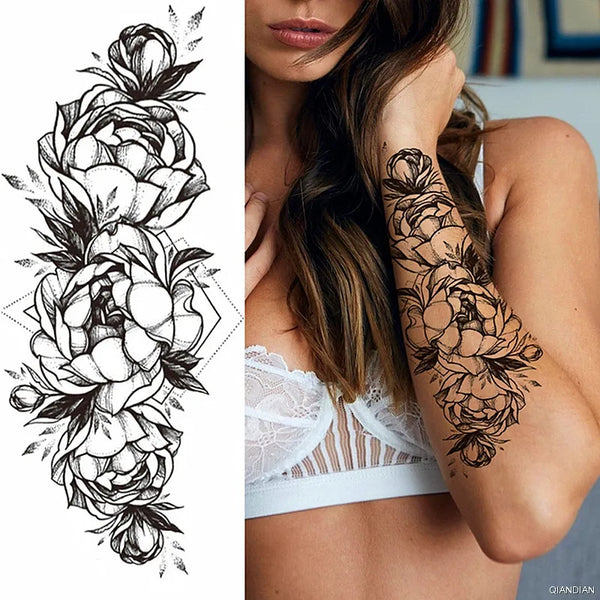 Black Flower Temporary Tattoos Sticker Arm Sleeve Rose Moon Butterfly Snake Henna Body Decorate Realistic Fake 3D Women Totem