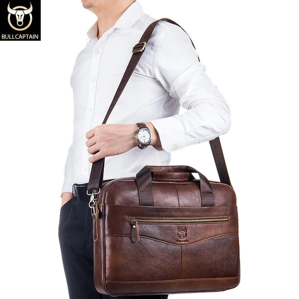 BULLCAPTAIN Briefcase Shoulder Messenger Bags Men's Genuine Leather 14-inch Laptop Bag's Men's Briefcase Office Business Handbag