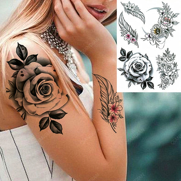 Black Flower Rose Waterproof Temporary Bird Snake Sexy Body Arm Leg Gem Henna Tattoo Fashion Big Fake Sleeve Sticker