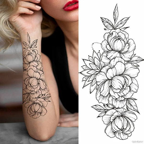 Black Flower Temporary Tattoos Sticker Arm Sleeve Rose Moon Butterfly Snake Henna Body Decorate Realistic Fake 3D Women Totem