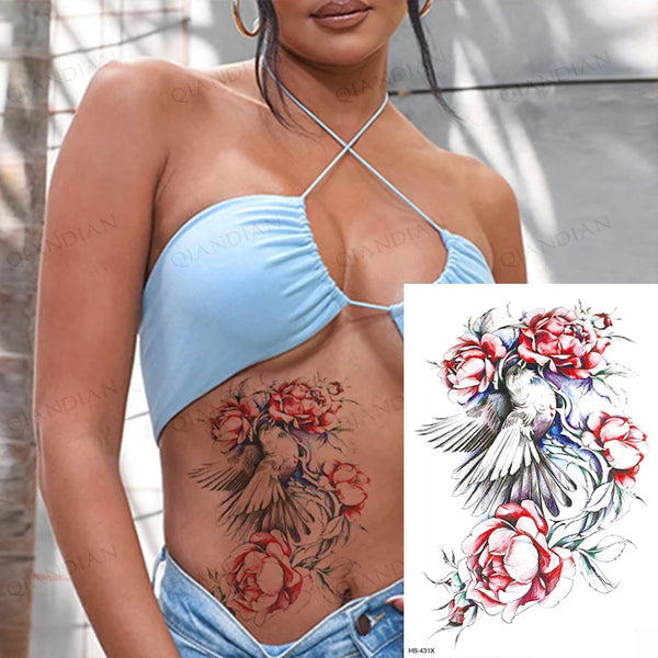 Black Flower Rose Waterproof Temporary Bird Snake Sexy Body Arm Leg Gem Henna Tattoo Fashion Big Fake Sleeve Sticker