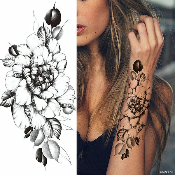 Black Flower Temporary Tattoos Sticker Arm Sleeve Rose Moon Butterfly Snake Henna Body Decorate Realistic Fake 3D Women Totem