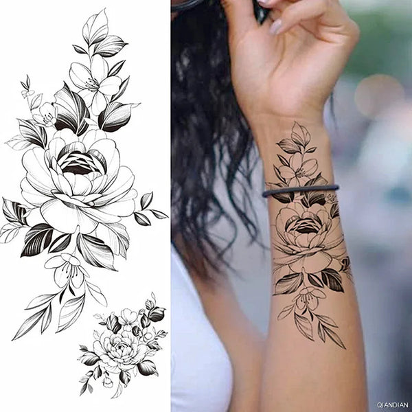 Black Flower Temporary Tattoos Sticker Arm Sleeve Rose Moon Butterfly Snake Henna Body Decorate Realistic Fake 3D Women Totem