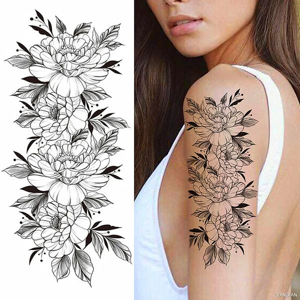 Black Flower Temporary Tattoos Sticker Arm Sleeve Rose Moon Butterfly Snake Henna Body Decorate Realistic Fake 3D Women Totem