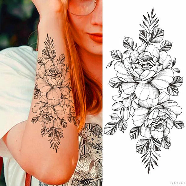 Black Flower Temporary Tattoos Sticker Arm Sleeve Rose Moon Butterfly Snake Henna Body Decorate Realistic Fake 3D Women Totem