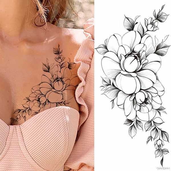 Black Flower Temporary Tattoos Sticker Arm Sleeve Rose Moon Butterfly Snake Henna Body Decorate Realistic Fake 3D Women Totem