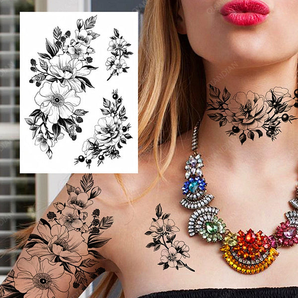 Black Flower Rose Waterproof Temporary Bird Snake Sexy Body Arm Leg Gem Henna Tattoo Fashion Big Fake Sleeve Sticker