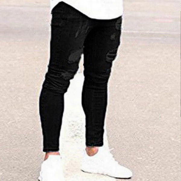 2024 Pencil Pants Elastic Sweatpants Men Fit Solid Ripped Denim Harem Pants Casual Black Blue White Destroyed Jeans Pants