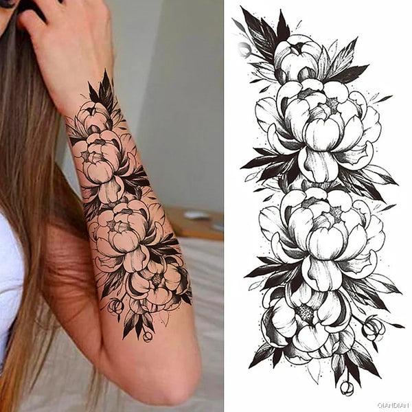 Black Flower Temporary Tattoos Sticker Arm Sleeve Rose Moon Butterfly Snake Henna Body Decorate Realistic Fake 3D Women Totem