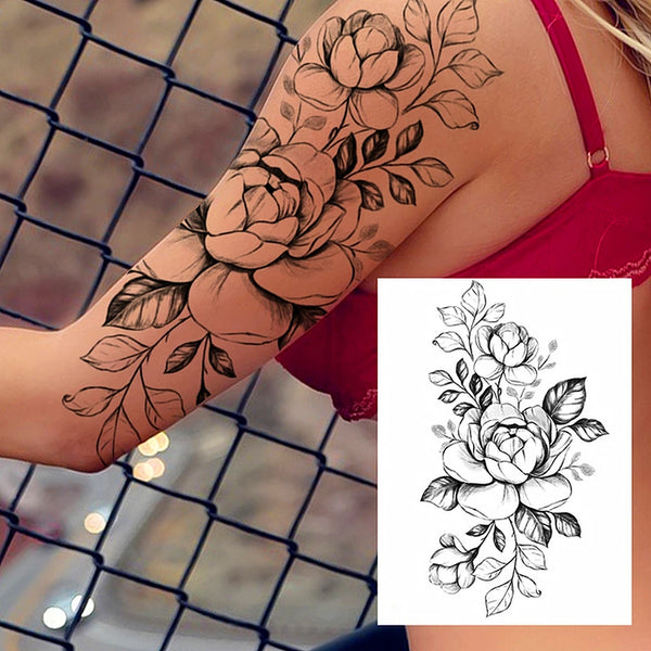 Black Flower Rose Waterproof Temporary Bird Snake Sexy Body Arm Leg Gem Henna Tattoo Fashion Big Fake Sleeve Sticker