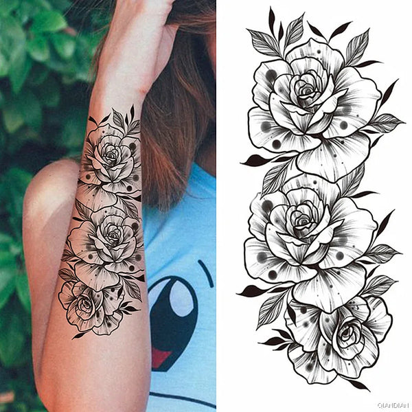 Black Flower Temporary Tattoos Sticker Arm Sleeve Rose Moon Butterfly Snake Henna Body Decorate Realistic Fake 3D Women Totem