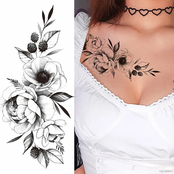 Black Flower Temporary Tattoos Sticker Arm Sleeve Rose Moon Butterfly Snake Henna Body Decorate Realistic Fake 3D Women Totem