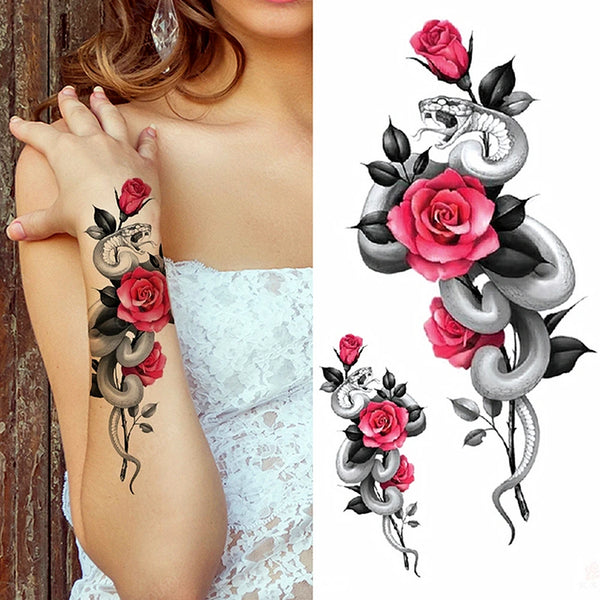 Black Flower Rose Waterproof Temporary Bird Snake Sexy Body Arm Leg Gem Henna Tattoo Fashion Big Fake Sleeve Sticker