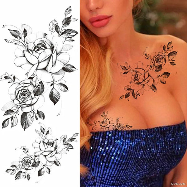 Black Flower Temporary Tattoos Sticker Arm Sleeve Rose Moon Butterfly Snake Henna Body Decorate Realistic Fake 3D Women Totem