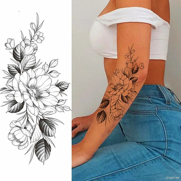 Black Flower Temporary Tattoos Sticker Arm Sleeve Rose Moon Butterfly Snake Henna Body Decorate Realistic Fake 3D Women Totem