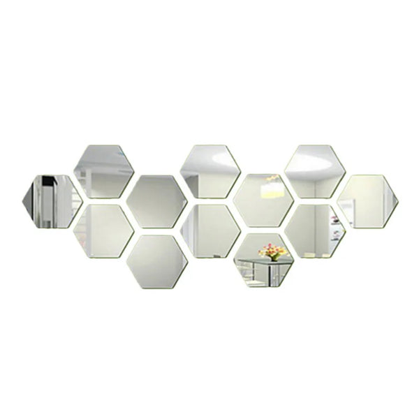 12PCs/Set DIY 3D Mirror Wall Sticker Hexagon Home Decor Mirror Decor Stickers Art Wall Bedroom Decoration Self-adhesive Stickers