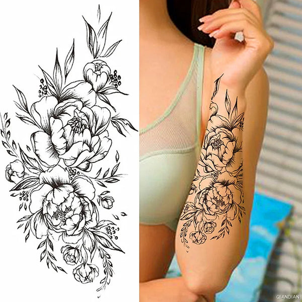 Black Flower Temporary Tattoos Sticker Arm Sleeve Rose Moon Butterfly Snake Henna Body Decorate Realistic Fake 3D Women Totem