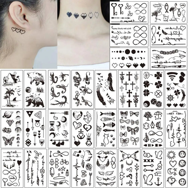 30 Sheets Waterproof Black Tiny Tattoo Feather Women Body Hand Art Drawing Temporary Tattoo Stickers Men Finger Words Tatto Face