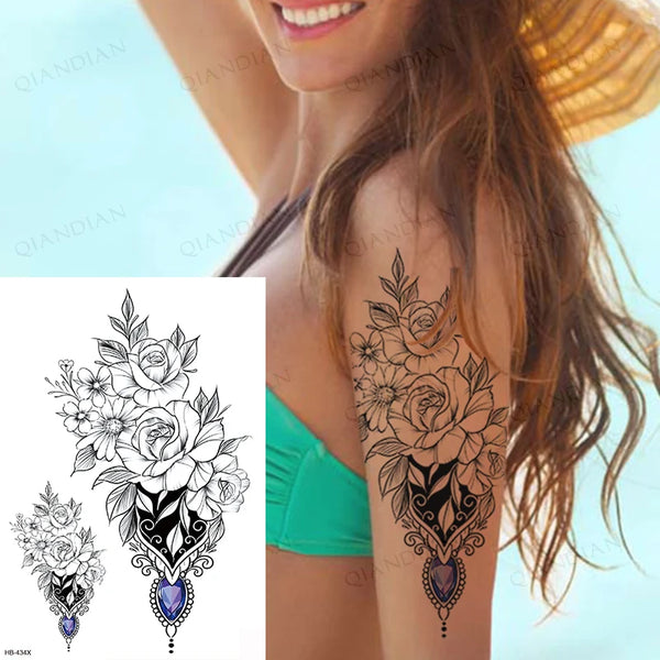 Black Flower Rose Waterproof Temporary Bird Snake Sexy Body Arm Leg Gem Henna Tattoo Fashion Big Fake Sleeve Sticker