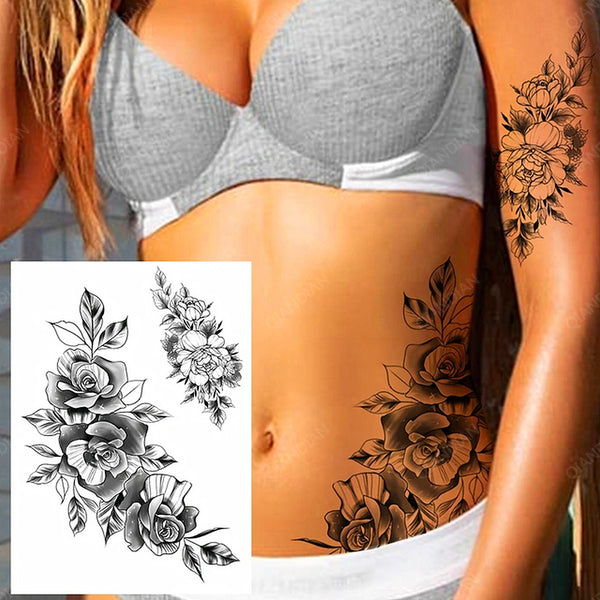 Black Flower Rose Waterproof Temporary Bird Snake Sexy Body Arm Leg Gem Henna Tattoo Fashion Big Fake Sleeve Sticker