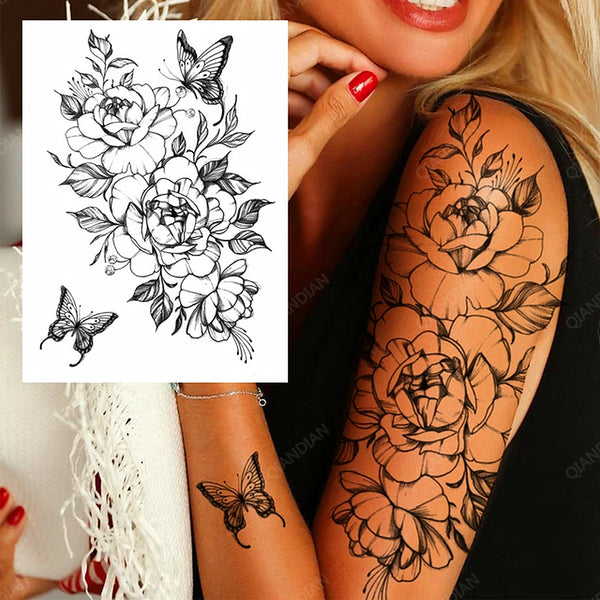 Black Flower Rose Waterproof Temporary Bird Snake Sexy Body Arm Leg Gem Henna Tattoo Fashion Big Fake Sleeve Sticker