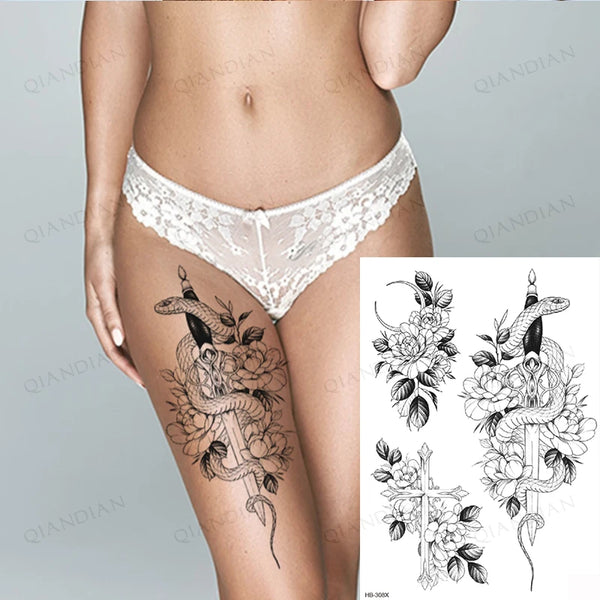 Black Flower Rose Waterproof Temporary Bird Snake Sexy Body Arm Leg Gem Henna Tattoo Fashion Big Fake Sleeve Sticker