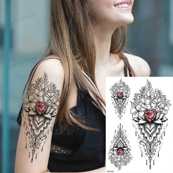 Black Flower Rose Waterproof Temporary Bird Snake Sexy Body Arm Leg Gem Henna Tattoo Fashion Big Fake Sleeve Sticker