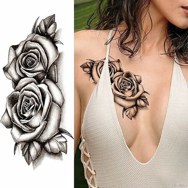 Black Flower Temporary Tattoos Sticker Arm Sleeve Rose Moon Butterfly Snake Henna Body Decorate Realistic Fake 3D Women Totem